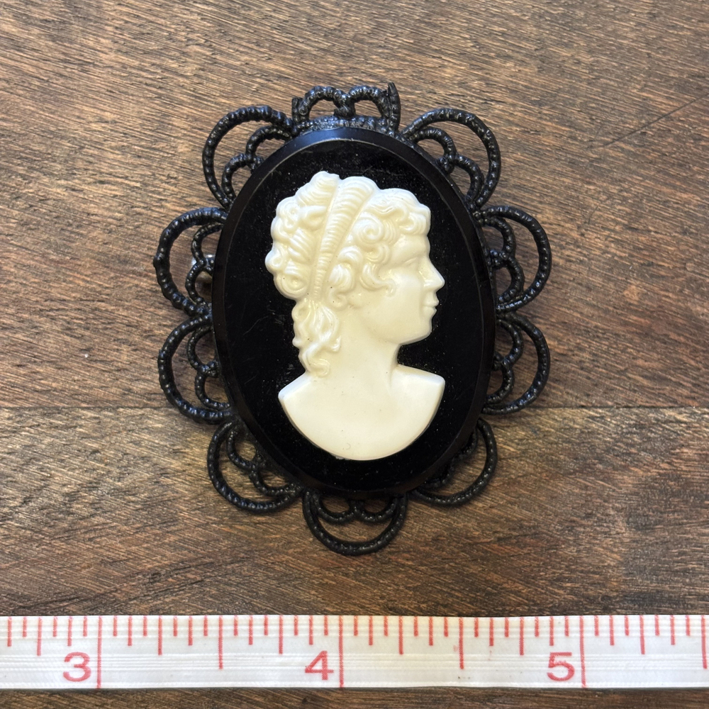 Ornate Filigree Black White Cameo Portrait Brooch Black Tone